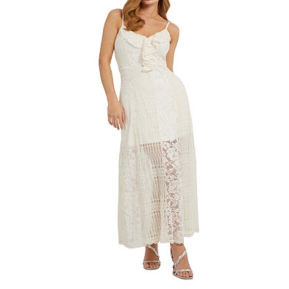 Guess Floral Lace Maxi Dress Ruffled Lace Up Back - Picture 1 of 11